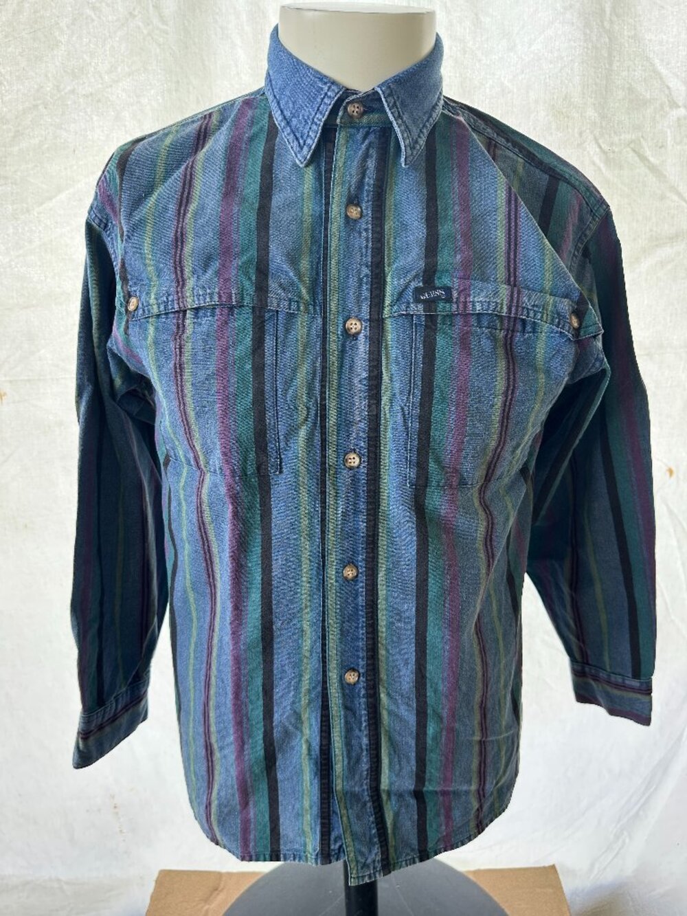 Vintage Guess by Georges Marciano Men's Blue Stripe LS Button Front Shirt Large